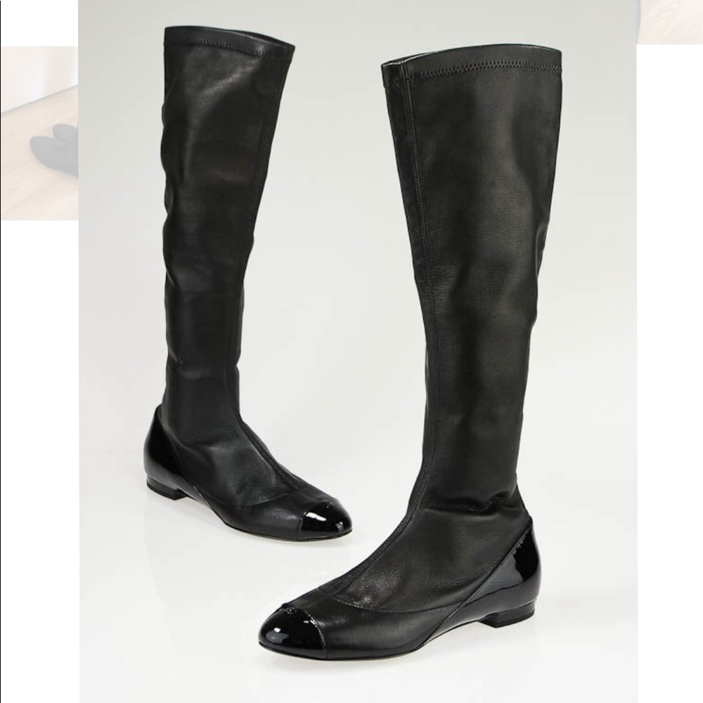 Chanel Lambskin Leather Knee HighFlat Cap ToeBoots